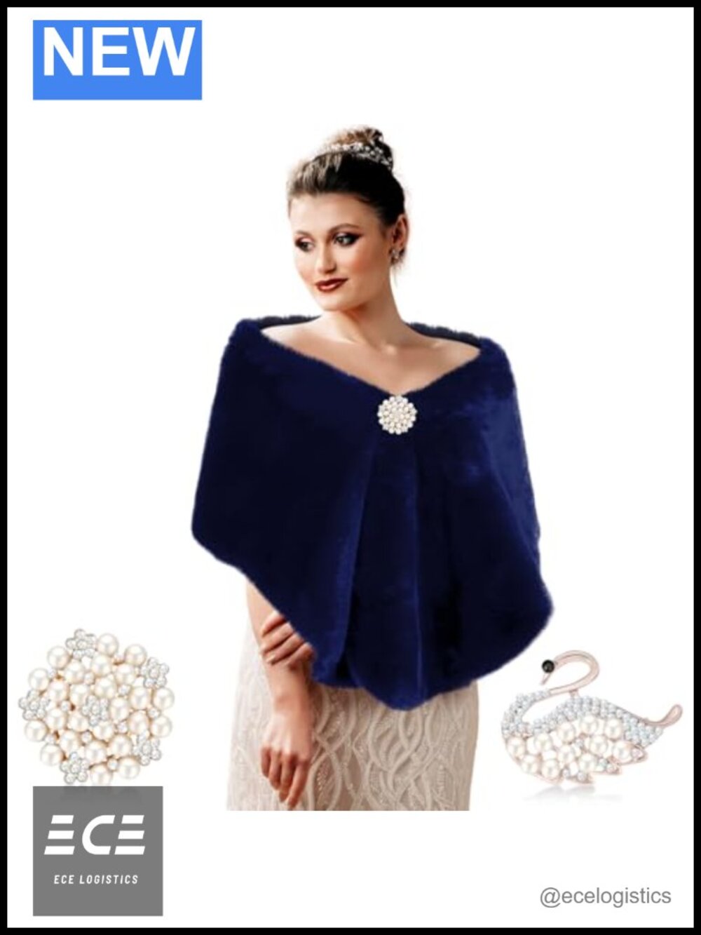 Faux Fur Shawl Wrap Women Rhinestone Brooches Evening Stole